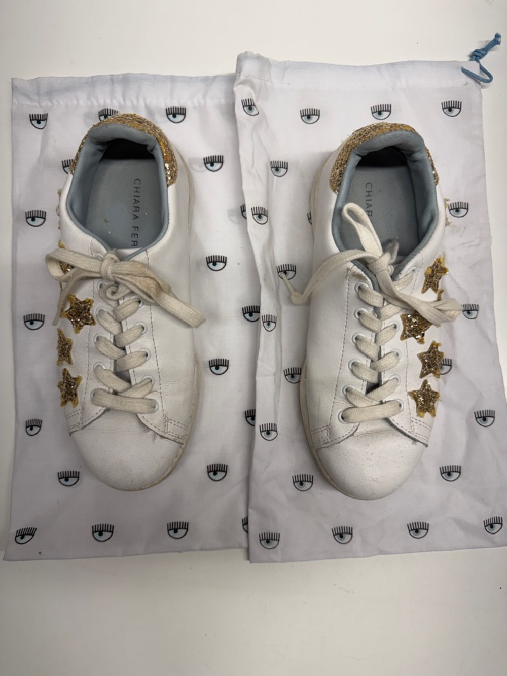 Chiara Ferragni Roger Sneakers Shoes Gold Glitter Stars White Leather Lace Up 37